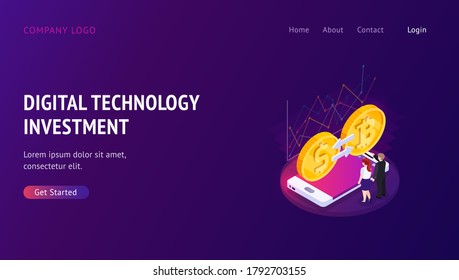 Web-Banner mit dekorierten kleinen Menschen Charakter. Seitenvorlage für die Landung. Konzepte für Online-Banking, Investitionen und Wachstumswirtschaft mit moderner Technologie. Vektorgrafik.
