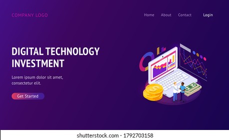 Web-Banner mit dekorierten kleinen Menschen Charakter. Seitenvorlage für die Landung. Konzepte für Online-Banking, Investitionen und Wachstumswirtschaft mit moderner Technologie. Vektorgrafik.