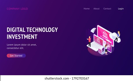 Web banner with decorated small people character. Landing page template. Concepts for Online banking, Investment and growth economy with modern technology. vector illustration.