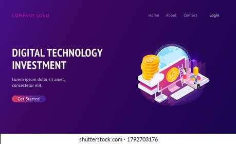 Web banner with decorated small people character. Landing page template. Concepts for Online banking, Investment and growth economy with modern technology. vector illustration.