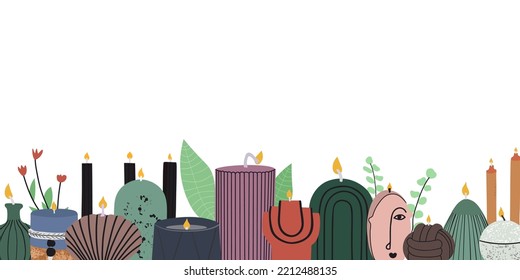 Banner web con velas decorativas. Aroma SPA decoración en tarros. Decoración aromática moderna. Ilustración plana aislada en fondo blanco