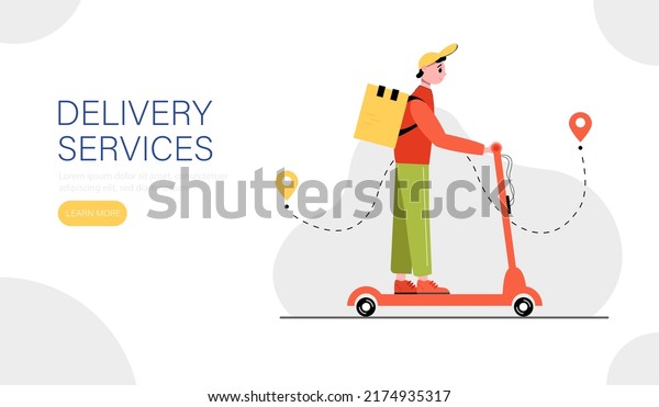 Web banner for delivery\
service. Fast and free delivery by courier on a scooter. Vector\
illustration.