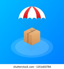 Web banner for Delivery Services and E-Commerce. Packages are flying on parachutes. Vector stock illustration.
