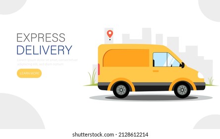 Web banner for delivery. Van with the goods goes to the address. Delivery service concept. Vector illustration.