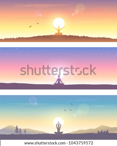 Web banner design background or header Templates. Amazing silhouette woman sit in Lotus pose and welcomes the sun. Practicing yoga. Vector illustration.