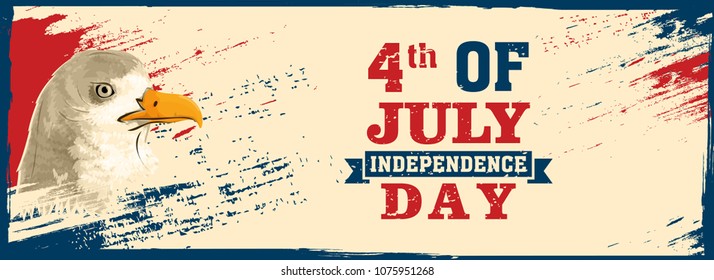 Web banner design with Bald Eagle, and 4th of July, Independence Day on beige background.