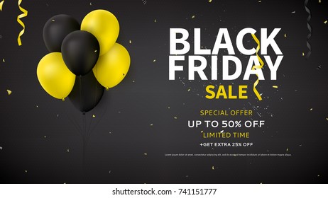 Webbanner Design für Black Friday Sale. Dunkler Hintergrund mit gelben und schwarzen Balloons für saisonales Rabattangebot. Promo Vector Illustration mit Confetti und Serpentine.