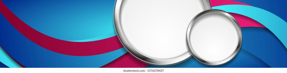 Webbanner-Design mit hellroten, blauen Wellen und metallischen Kreisen. Vektorhintergrund