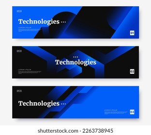 Web banner design collection in dark blue colors with abstract gradient geometirc shapes. Web header concept in strict minimalist style. Hi-tech background for your business.