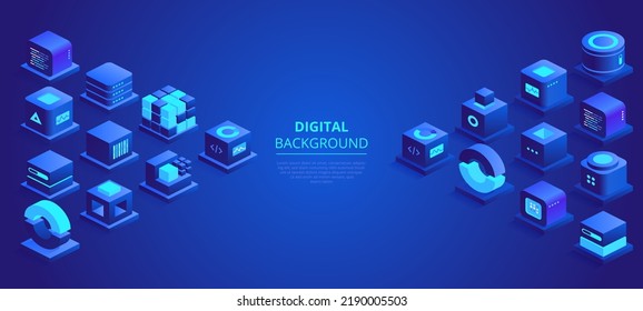 Web banner design of digital technologies concept. Abstract isometric cubes with text place on blue background. Online communication and blockchain. Vector illustration of advertising landing page