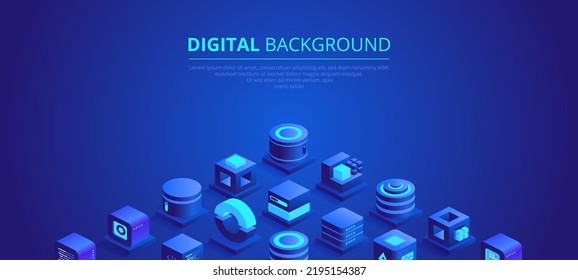 Web banner design of digital technologies concept. Abstract isometric cubes with text place on blue background. Online communication and blockchain. Vector illustration of advertising landing page