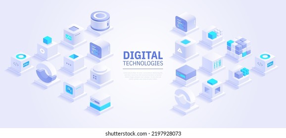 Web banner design of digital technologies concept. Abstract isometric cubes with text place on white background. Online communication and blockchain. Vector illustration of advertising landing page