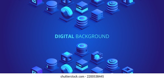 Web banner design of digital technologies concept. Abstract isometric cubes with text place on blue background. Online communication and blockchain. Vector illustration of advertising landing page