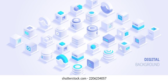 Web banner design of digital technologies concept. Abstract isometric cubes with text place on white background. Online communication and blockchain. Vector illustration of advertising landing page