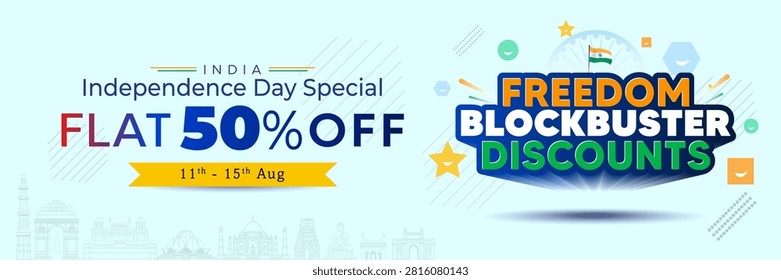 Web banner design for India Independence Day special offer: Flat 50% off text with a 3D vector logo for 'Freedom Blockbuster Discounts'.
