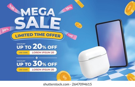 Diseño de Anuncio de Web para mega promoción de venta con monedas flotantes, maqueta de producto, etiquetas de descuento, titular de Oferta por tiempo limitado. Perfecto para tiendas en línea, Sitios web y campañas de marketing digital.