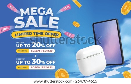 Web banner design for mega sale promotion with floating coins, product mockup, discount tags, limited time offer headline. Perfect for online stores, websites, and digital marketing campaigns.