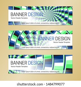 Web banner design on optical illusion background of rotating broken stripes pattern.