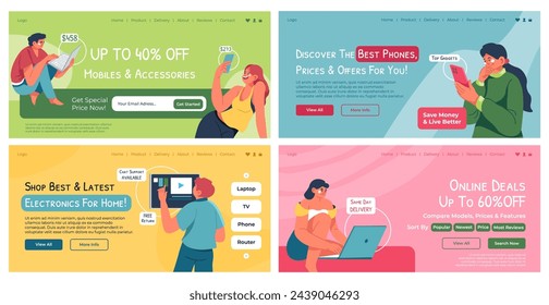 Diseño de banner web para venta de tienda de electrónica en línea. Personaje de mujer de hombre plano con smartphone, laptop y tv, ilustración vectorial. Las mejores ofertas, precios, descuento para el dispositivo en la colección del sitio web