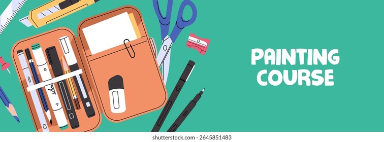 Web banner design of painting courses. Advertising template drawing school, art class. Promotion layout with pencil case with stationery, sketching supplies, craft tools. Flat vector illustration