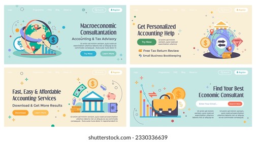 Web banner design set with economic service offer. Accounting consultation and bookkeeping work at landing page collection, vector illustration. Global banking service advertising at website