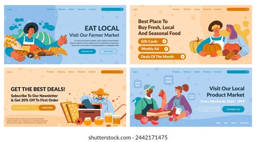 Web banner design set with farmers market ad. Landing page collection with flat man woman character sell local product, vector illustration. Special offer for online organic food shopping