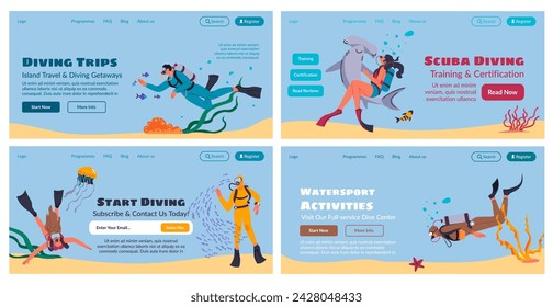 Web banner design set for scuba diving service. Man woman character in swimsuit underwater at landing page collection, vector illustration. Watersport activity advertising at website