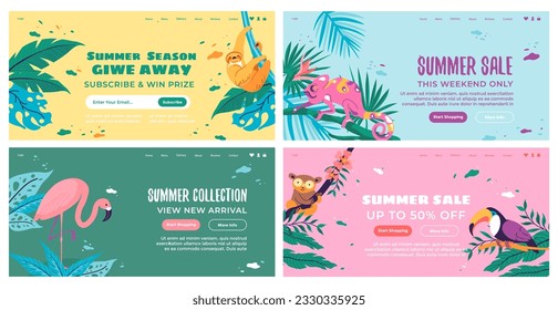 Web banner design set with summer sale offer. Landing page collection with tropical botanical decoration, vector illustration. Seasonal store discount advertising with exotic animals