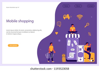 Web banner design template. Business people, man and woman shop online using smartphone, in flat modern style. Concept for Mobile shopping, e-commerce and online store. Vector illustration eps 10
