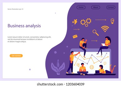 Web banner design template. Business people, man and woman build diagram in flat modern style. Concept for business team work, project management, financial strategy. Vector illustration eps 10