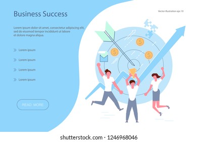Web banner design template. Business success concept in flat. Team of young businessmen hold the prize and jump for joy. Vector illustration eps 10