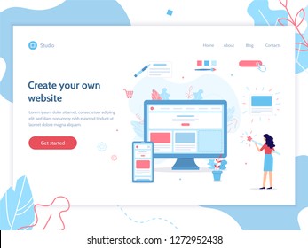 Web banner design template. The girl creates her own website. She's holding a magic wand. Website builder concept. Flat vector illustration.