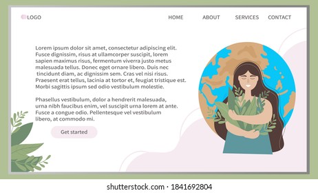 Web banner design template. The girl holds a bouquet of grass in her hands, against the background of our planet. Day of the Earth. The concept of nature conservation, ecology and environment. Vector 