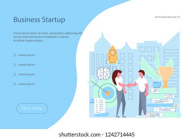 Web banner design template. Investment start-up concept in flat design. Man and women young businessmen  shake hands. Vector illustration eps 10