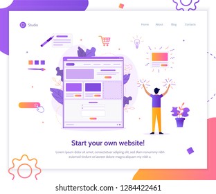 Web banner design template for landing page. A man creates his own website. Website builder concept. Flat vector illustration.