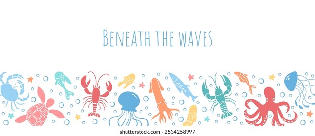 Web banner design template with oceans animals like octopus, jellyfish, and sea turtle with underwater plants. Colorful marine life and aquatic water reef in vibrant sea vector set depiction.