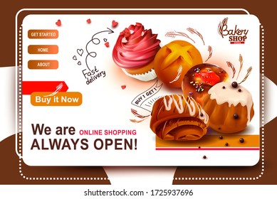 Plantilla de diseño de banner web. Pasteles, panecillos de semillas de amapola, Muffin dulce. Compras en línea. Ilustración vectorial.