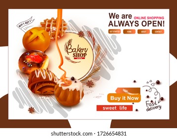 Web Banner Design Template. Pastries, Poppy seed bun, Sweet Muffin. Online Shopping. Vector illustration.