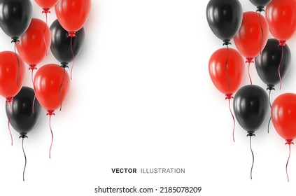 Web banner design template with realistic red and black helium balloons and free copy space in the center. Vector illustration