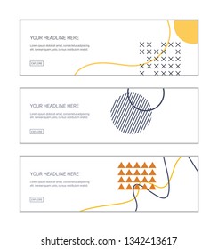 Web banner design template set consisting of abstract backgrounds made with colorful, geometric shapes. Modern, memphis style vector background art.