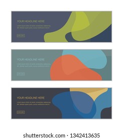 Web banner design template set consisting of abstract background patterns made with organic, geometric shapes in blue and green colors. Playful and modern vector art.