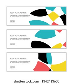 Web banner design template set consisting of abstract background patterns made with circular geometric shapes in blue, pastel red, yellow and black colors. Playful and modern vector art.