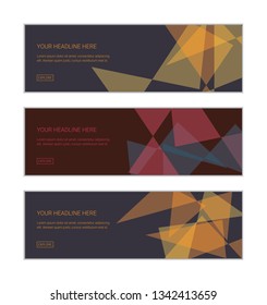 Web banner design template set consisting of abstract backgrounds made with transparent triangle shapes overlaying on each other. Modern and geometric vector art.