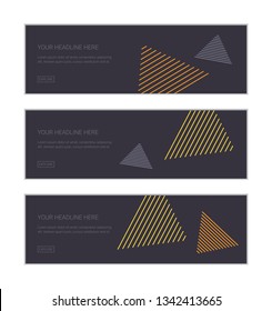 Web banner design template set consisting of abstract backgrounds made with lines forming triangle shapes in flowing in air abstraction. Playful, modern vector art in yellow and blue colors.