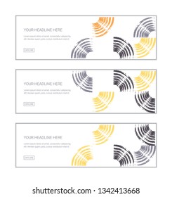 Web banner design template set consisting of abstract background patterns made with repeated brush strokes forming quarter circles. Modern, playful vector art in grey, yellow and orange colors.