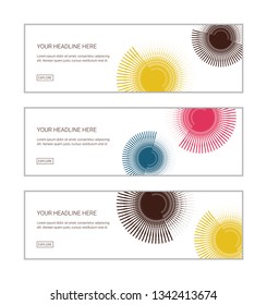 Web banner design template set consisting of abstract backgrounds made with brush strokes forming circles in pink, yellow, blue and black colors. Modern, playful vector art.