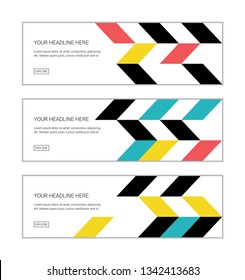 Web banner design template set consisting of abstract background patterns made with parallelogram shapes in blue, yellow, red and black colors. Modern, playful vector art.