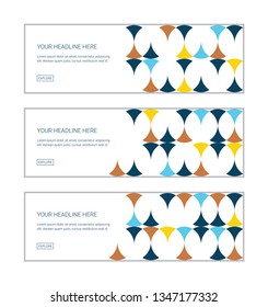Web banner design template set consisting of abstract background patterns made with circular shapes in yellow, orange and blue colors. Modern, playful vector art.