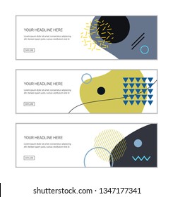 Web banner design template set consisting of abstract backgrounds made with geometric shapes in Memphis style. Modern vector art. Blue, yellow, green and black colors on white background.