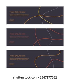 Web banner design template set consisting of abstract backgrounds made with colorful, curvy lines creating a messy look. Modern vector art in yellow, orange and blue colors.